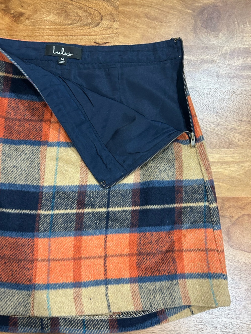 Lulu's Orange, Navy & Cream Plaid Mini Skirt Size Medium - Picture 6 of 12
